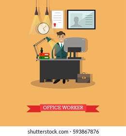 Vector illustration of office worker at his workplace. Office interior, flat design.