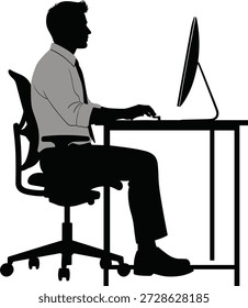 Ilustración vectorial del icono del trabajador de oficina sentado en el escritorio con la computadora en atuendo formal y estilo de silueta