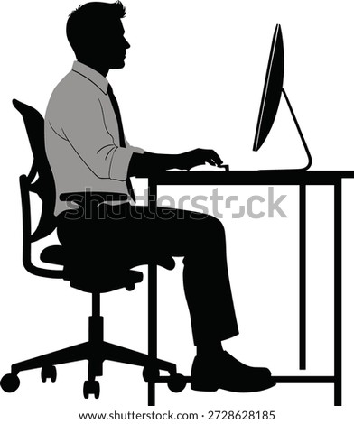 Vector illustration of office worker icon seated at desk with computer in formal attire and silhouette style