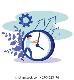 Vector illustration, office worker with a large clock on a white background, the concept of working time management, quick response to enlightenment, time transfer back.
