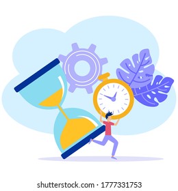 Vector illustration, office worker with a large clock on a white background, the concept of working time management, quick response to enlightenment, time transfer back.