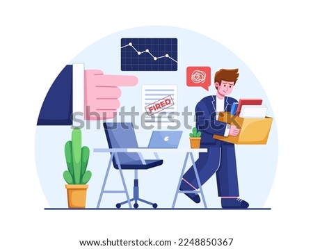 Vector Illustration of Office worker laying off from the jobs.
Boss lays off the employee and the employee leaves from office with carrying box with his things.
Suitable for web, infographic, etc