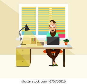 Vector illustration of office worker male sitting at the table and using laptop. White collar worker, modern office interior and office supplies.