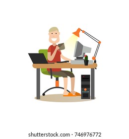 Vector illustration of office worker male sitting at the table, using computer and surfing the net while drinking tea. Internet people flat style design element, icon isolated on white background.