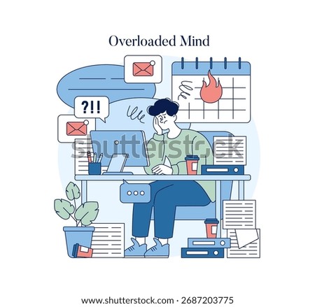 Vector illustration of an office worker overwhelmed by tasks at a cluttered desk. Showcases technology overload and stress with digital notifications and paperwork in a modern workplace.