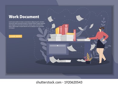 Ilustración vectorial Trabajador de oficina con exceso de trabajo entre montones de papeles y documentos. Estrés en la oficina. Trabajo rápido. Ilustración vectorial de estilo de diseño plano