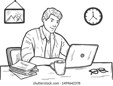 Vector illustration of office worker portrait. Young man programmer working behind desk with his laptop. Business analysis, strategy planning. Businessman or freelancer. Vintage hand drawn style.