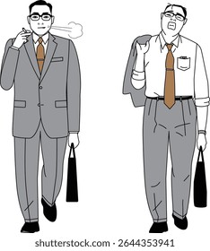 Ilustração vetorial de um trabalhador de escritório do período Showa no Japão antigo. Imagem de ir para o trabalho e ir para casa.