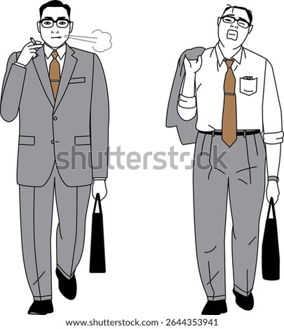 A vector illustration of an office worker from the Showa period in old Japan. Image of going to work and going home.