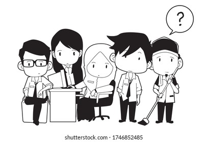 Ilustración vectorial del trabajador de oficina / personal / empleado.  Adecuado para ser un libro de colorantes, papel pintado o pegatina de pared