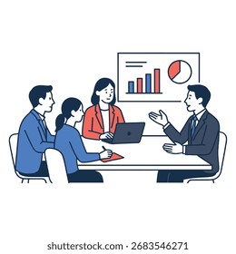 Ilustración vectorial de oficinistas en una reunión de negocios, discutiendo estrategias y analizando datos con gráficos y gráficas. Miembros del equipo que colaboran en una mesa de conferencias con ordenador portátil y documentos