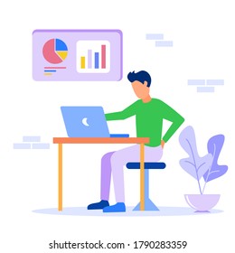 Vector illustration. Office workers complete tasks in the room. Exemplary employee. Comfortable office interior. Company business analysis.