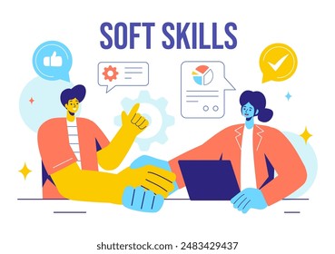 Vector Illustration of Office Workers Demonstrating Soft Skills of Empathy, Communication, Idea Development, Skill, and Education in a Flat Background