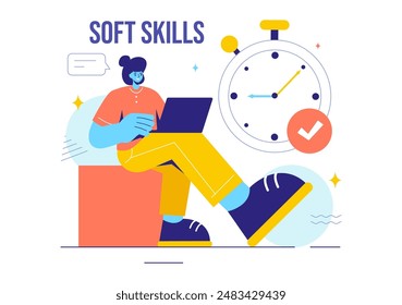 Vector Illustration of Office Workers Demonstrating Soft Skills of Empathy, Communication, Idea Development, Skill, and Education in a Flat Background