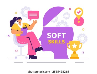 Vector Illustration of Office Workers Demonstrating Soft Skills such as Empathy, Communication, Idea Development, Teamwork, and Professional Growth