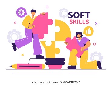 Vector Illustration of Office Workers Demonstrating Soft Skills such as Empathy, Communication, Idea Development, Teamwork, and Professional Growth