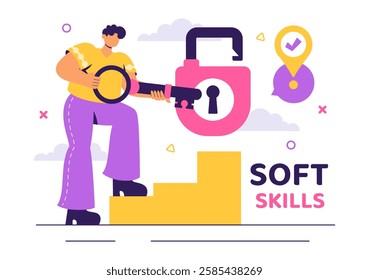 Vector Illustration of Office Workers Demonstrating Soft Skills such as Empathy, Communication, Idea Development, Teamwork, and Professional Growth