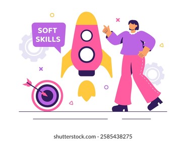 Vector Illustration of Office Workers Demonstrating Soft Skills such as Empathy, Communication, Idea Development, Teamwork, and Professional Growth