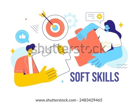 Vector Illustration of Office Workers Demonstrating Soft Skills of Empathy, Communication, Idea Development, Skill, and Education in a Flat Background