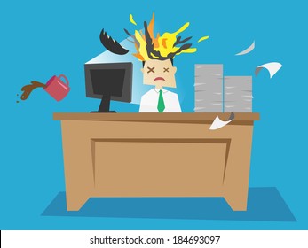 A vector illustration of an office worker's head exploding due to overwork