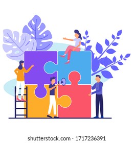Ilustración vectorial, trabajadores de oficina en equipo conjunto en la empresa, gente empujando los detalles del rompecabezas, líderes empresariales opuestos al proceso de construcción - Vector.