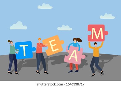 Vector illustration. Office workers from puzzles put the word team.In the background, blue sky and clouds.The concept of teamwork, unity.