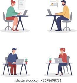 Vector illustration of office workers sitting at desks with laptops, plants, and charts on the wall, representing teamwork and productivity in a modern office environment.