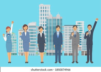 Vector illustration of office workers standing in front of buildings