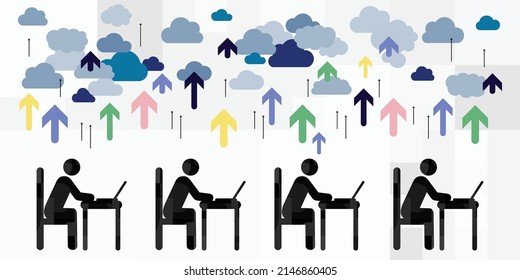 vector illustration of office workers uploading files to cloud for organizing outsource work 