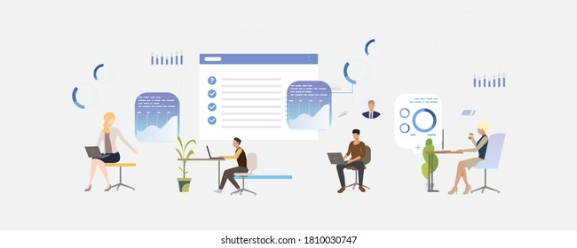 Vector illustration of office workflow employees and team building. Man and woman personnel, manager, coworkers working on laptop or computer, doing tasks, show presentation, online communication