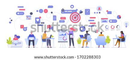 Vector illustration of office workflow employees and team building. Man and woman personnel, manager, coworkers working on laptop or computer, doing tasks, show presentation, online communication