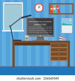 Vector illustration of the office workplace with different stationary and computer. Front view. Flat design