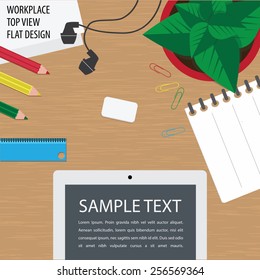 Vector illustration of the office workplace with different stationary and digital tablet. Top view. Flat design
