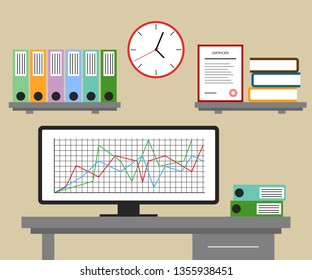 Vector illustration office workplace in flat style. Business center, statistics calculations