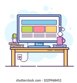 Vector Illustration Office Workspace Computer Flat Stock Vector ...