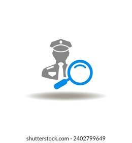 Vector illustration of officer with magnifier. Icon of customs. Symbol of policeman, security guard, foreman.