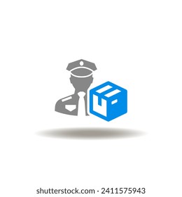 Vector illustration of officer and packaging box. Icon of customs. Symbol of parcel check.