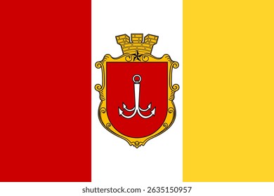 Vector illustration of the official city flag of Odessa, Ukraine, featuring the heraldic coat of arms. Perfect for civic design, geographic themes, and cultural identity