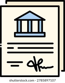 Vector illustration of an official document with a classical bank icon and a signature, symbolizing illicit financial contracts or money laundering.