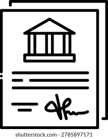 Vector illustration of an official document with a classical bank icon and a signature, symbolizing illicit financial contracts or money laundering.