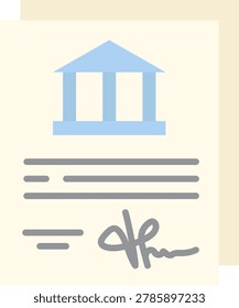 Vector illustration of an official document with a classical bank icon and a signature, symbolizing illicit financial contracts or money laundering.