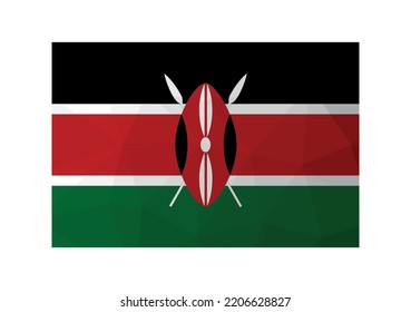 Ilustración vectorial. Nombramiento oficial de Kenia. Bandera nacional de rayas negras, rojas y verdes. Diseño creativo de bajo estilo polaco con formas triangulares. Efecto degradado