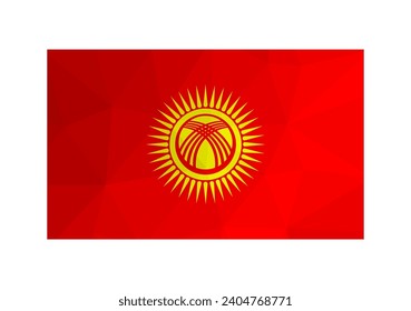 Vector illustration. Official ensign of Kyrgyzstan. New national flag in red and yellow colors. Creative design in low poly style with triangular shapes. Gradient effect