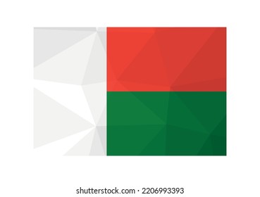 Vector illustration. Official ensign of Madagascar. National flag in white, red and green colors. Creative design in low poly style with triangular shapes