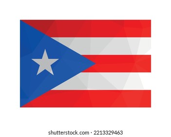 Vector illustration. Official ensign of Puerto Rico. National flag with star on blue triangle shape and red, white stripes on background. Creative design in polygonal style