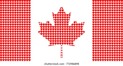 Vector illustration of an official flag of  Canada composed of pieces of a mosaic in the form of hearts