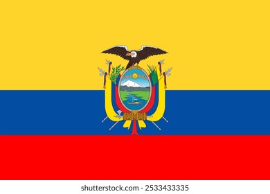 Ilustración vectorial de la bandera oficial de Ecuador, destacando sus colores vibrantes y emblema icónico. Perfecto para diseños que celebran el orgullo nacional, el patrimonio cultural y el turismo