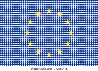 Vector illustration of an official flag of  European Union composed of pieces of a mosaic in the form of hearts