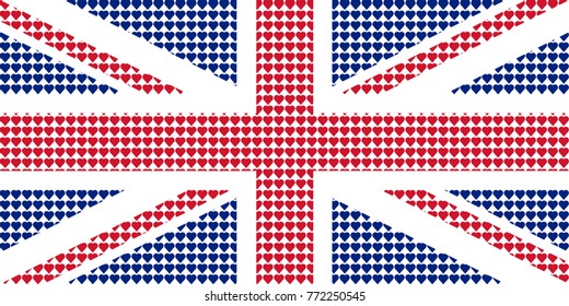 Vector illustration of an official flag of  Great Britain composed of pieces of a mosaic in the form of hearts