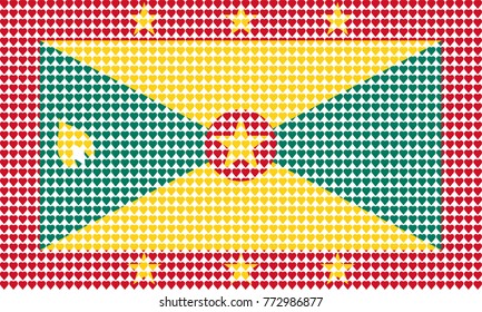 Vector illustration of an official flag of  Grenada composed of pieces of a mosaic in the form of hearts